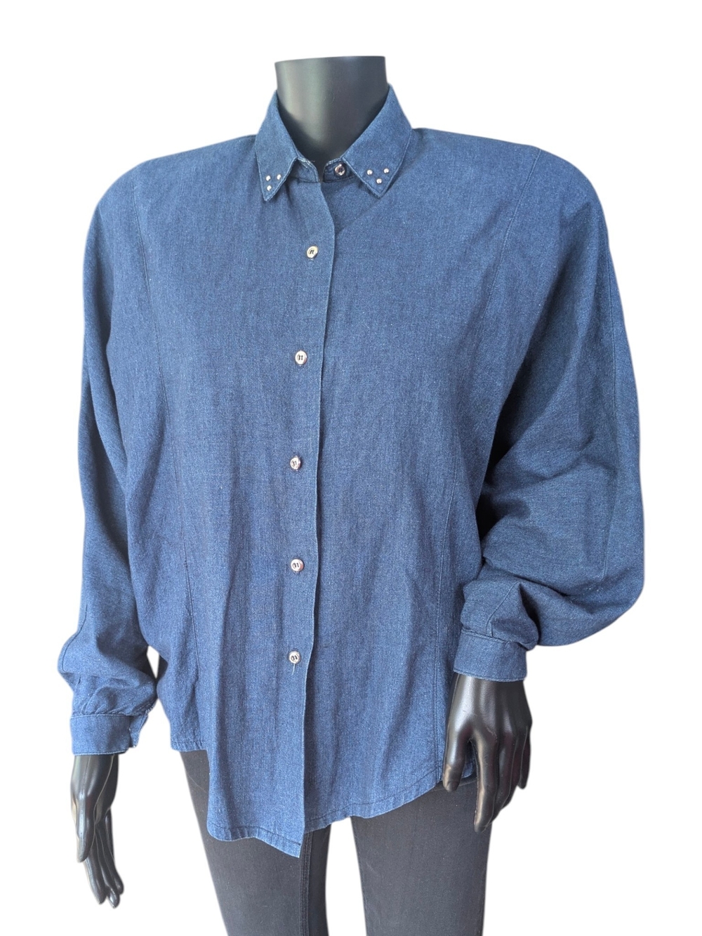 Vintage Gerald Bee Women’s Denim Shirt Size 7 – Shoulder Pads – Studded Collar